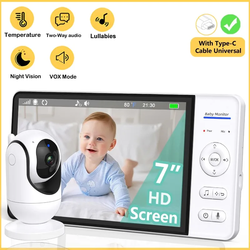 Kein WiFi 7 Zoll Babyphone 2-Wege-Audio Nachtsicht 4X Zoom Drahtlose Kinderschutz Überwachungsvideokamera 5000 mAh Akku Image