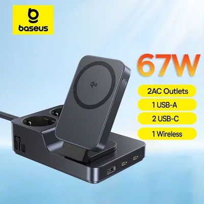 Baseus 67W Fast Charger Qi2 Wireless Charger 6 in 1 Fast Charger Power Strip 2AC Socket For Laptop Tablet iPhone Samsung Xiaomi