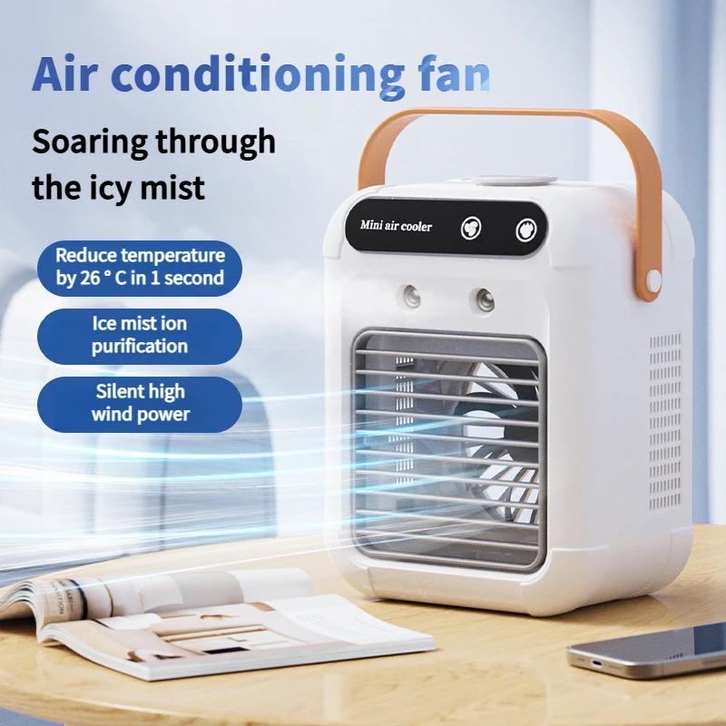 Neuer kleiner USB-Desktop-Luftkühler, Mini-Elektroventilator mit Griff, zwei Geschwindigkeiten, einstellbar, stumm, Sprühkühlung, Befeuchtungsventilator. Image