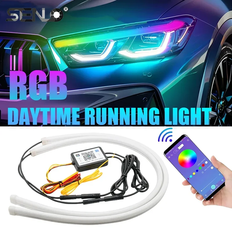 2 pezzi RGB LED DRL luce di marcia diurna che scorre indicatore di direzione APP/RF telecomando strisce fari a LED per accessori auto 12V