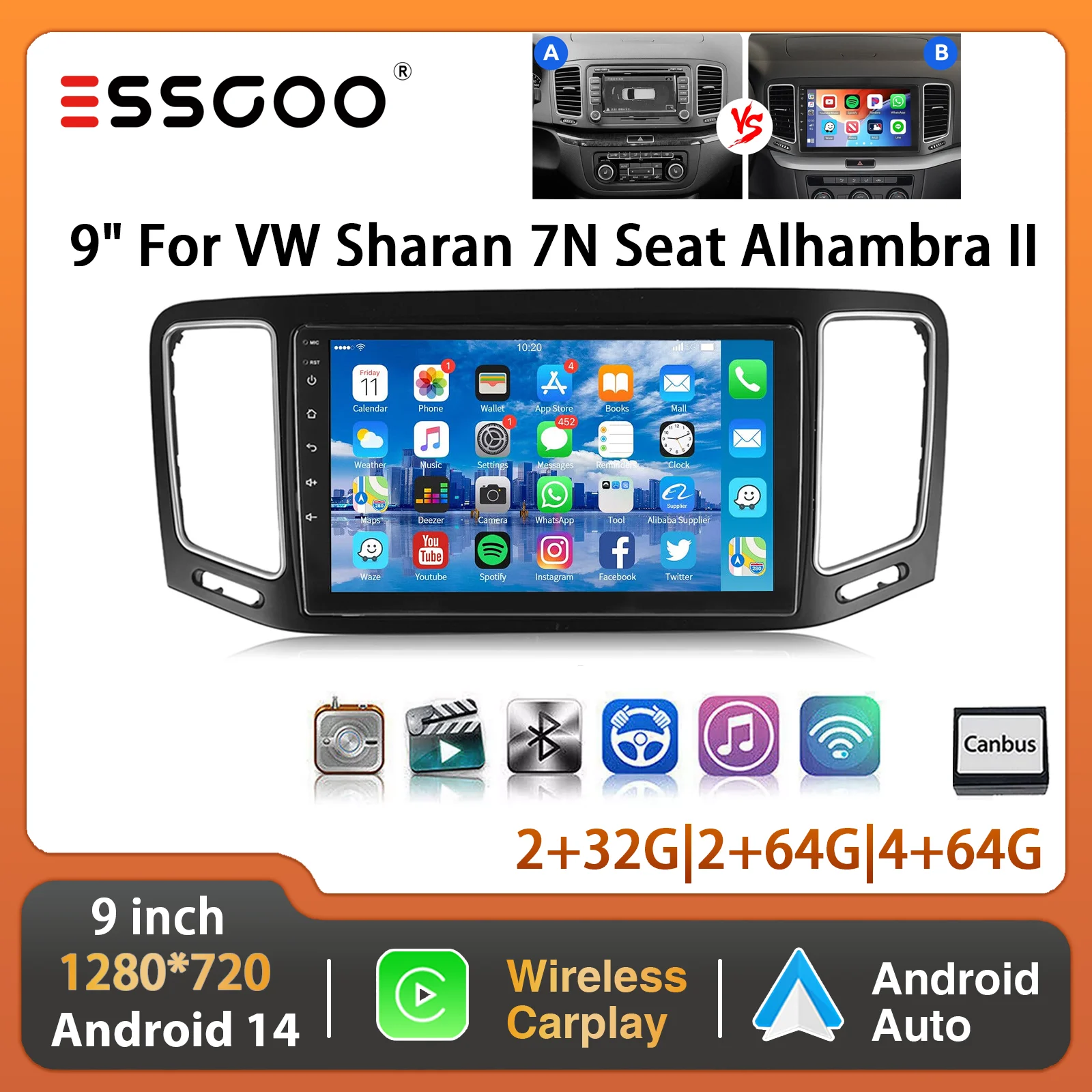 ESSGOO Android 14 9 "Autoradio Für VW Sharan II 7N Seat Alhambra 2 2010-21 Drahtlose Carplay Android Auot GPS Navi FM Wifi Image