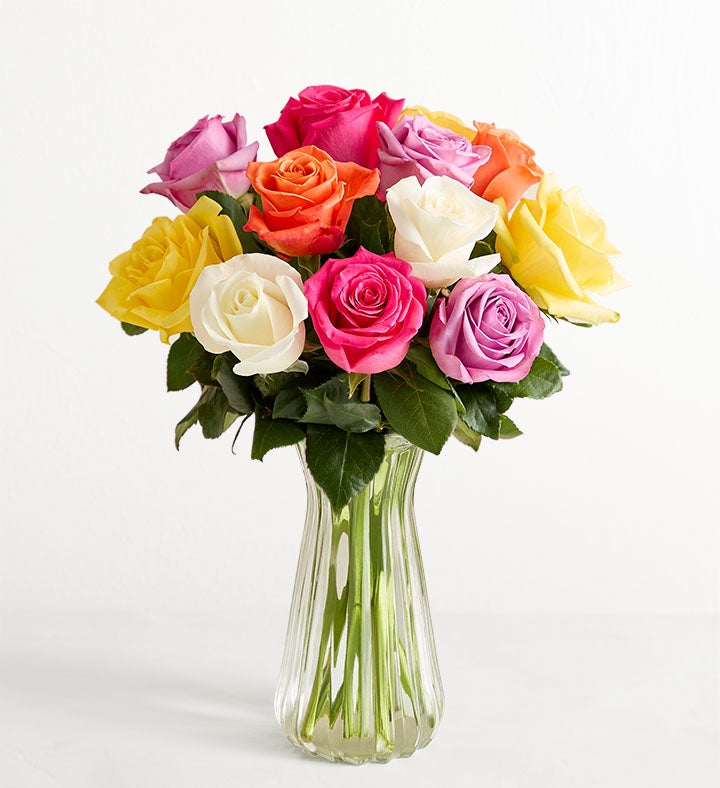 1-800-Flowers Flower Delivery Assorted Roses 12 Stems W/ Clear Vase