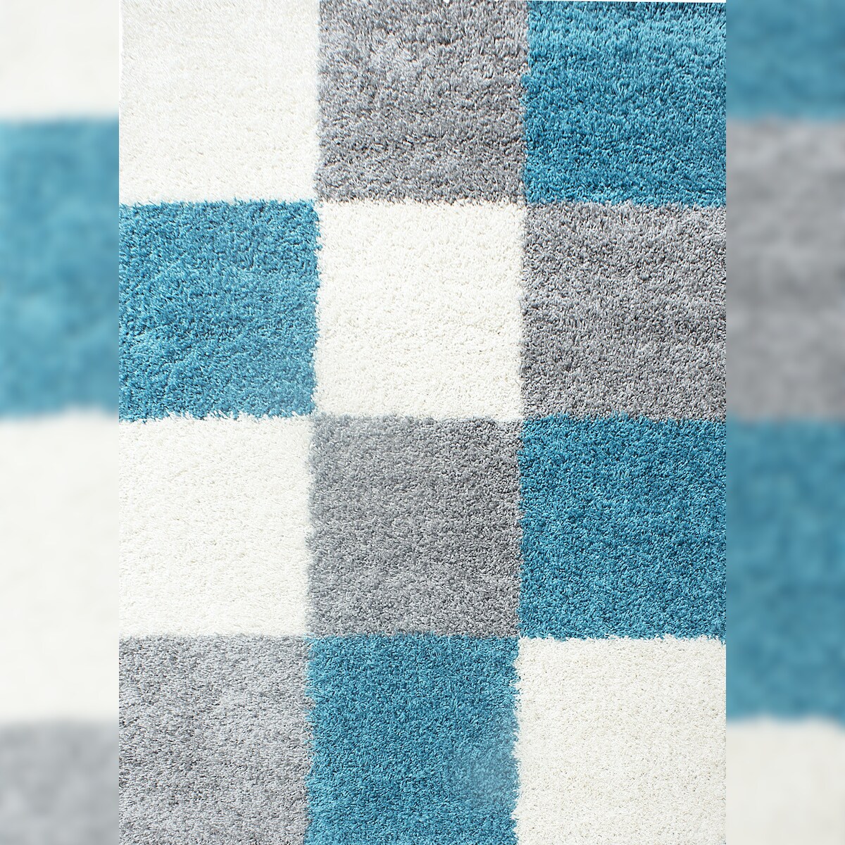 Teppich Wohnzimmer Hochflor Karo Weich Flauschig Waschbar Strapazierfähig Schlafzimmer OEKO-TEX Türkis 60x110 cm – RHEIN von Kadima Design Image