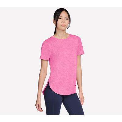 Skechers Women's GO DRI Swift Stripe Tunic T-Shirt | Size Medium | White/Neon Pink | Polyester/Spandex