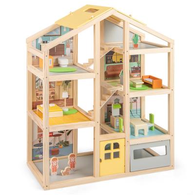 Costway Wooden Dollhouse for Kids Modern Family Pretend Playhouse with Furniture Pieces and Figures-Natural