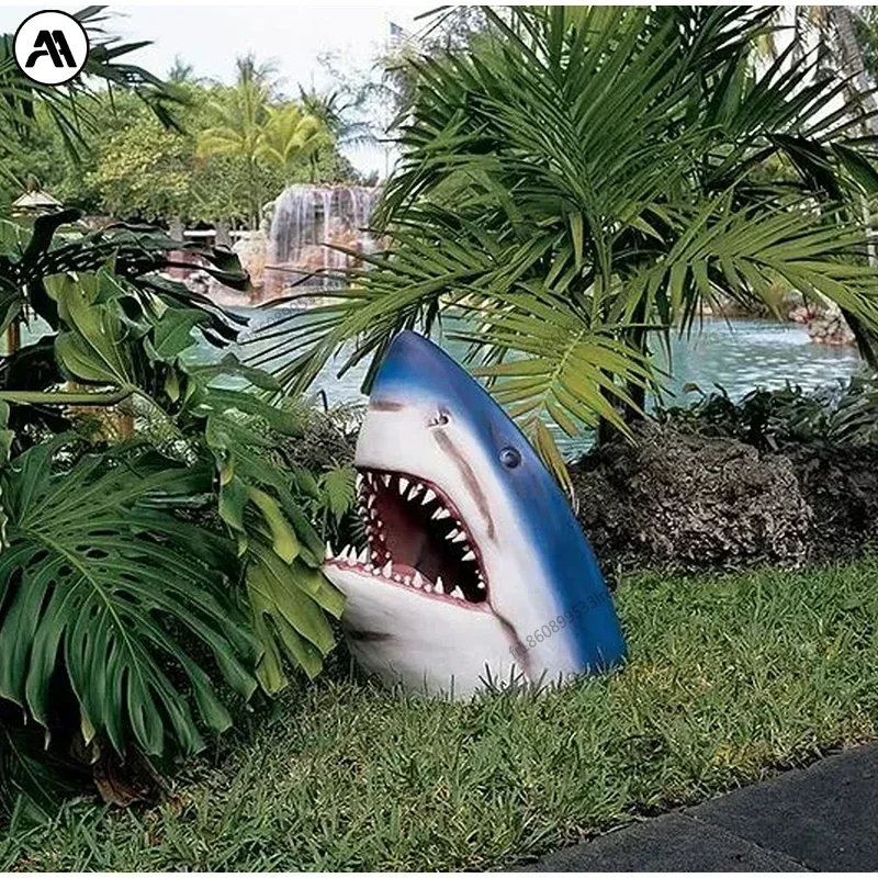 Statue d'art de jardin de requin blanc créatif, Sculpture en résine réaliste de tête de requin blanc, Sculpture murale suspendue, décor de jardin de cour de maison