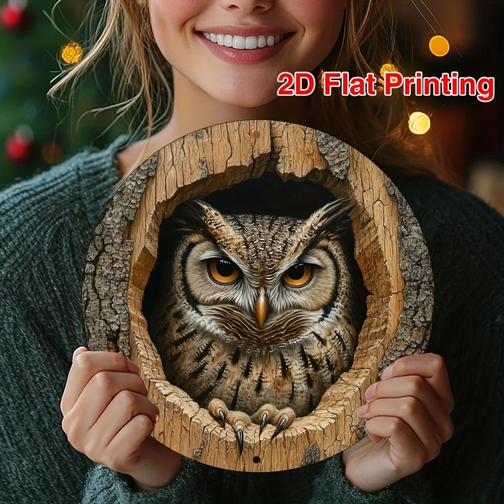 Rundes Aluminiumschild mit Retro-Eulen-Motiv – Vintage-Wandkunst für Küche, Wohnzimmer, Büro | Weihnachts- und Thanksgiving-Geschenk Image