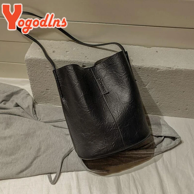 Yogodlns Vintage Schulter Tasche Für Frauen PU Leder Eimer Tasche Casual Griff Tasche Große Kapazität Marke Umhängetasche Dame Handtasche Image