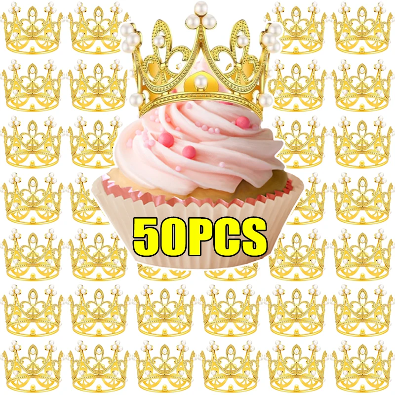 Mini Pearl Crown Cake Decoration Cupcake Topper Kids Hair Ornaments DIY Cake Baking Decoration For Wedding Birthday Party Decor