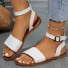 Plus Größe 36-43 Neue Runde Kopf Leder Sandalen Frauen Schuhe Einfarbig Casual Bequeme Flache Sommer Strand Schuhe