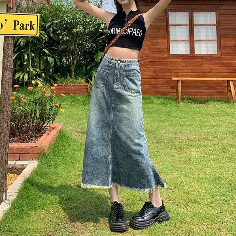 Langes Denim-Kleid für Damen mit hoher Taille, schlankmachender, zierlicher A-Linien-Rock, neuer Sommer-Nischen-Design, Sinnlichkeit, lässiger, schicker Stil Image