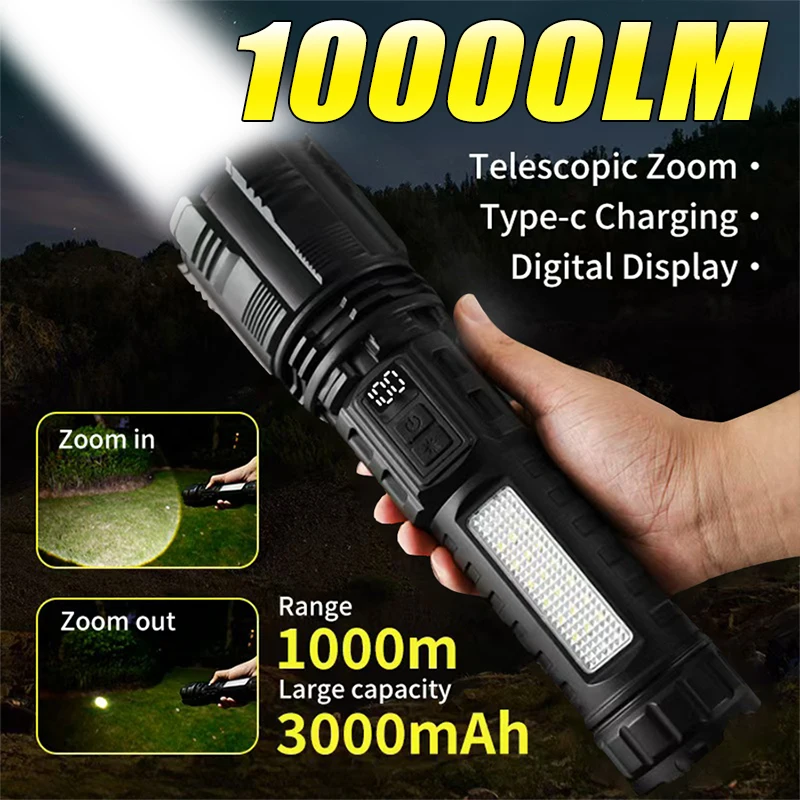 10000LM ultrahelle LED-Taschenlampe – taktische Zoom-Taschenlampe, 3000 mAh wiederaufladbare COB-Campinglampe für Outdoor-Wanderungen und Selbstverteidigung