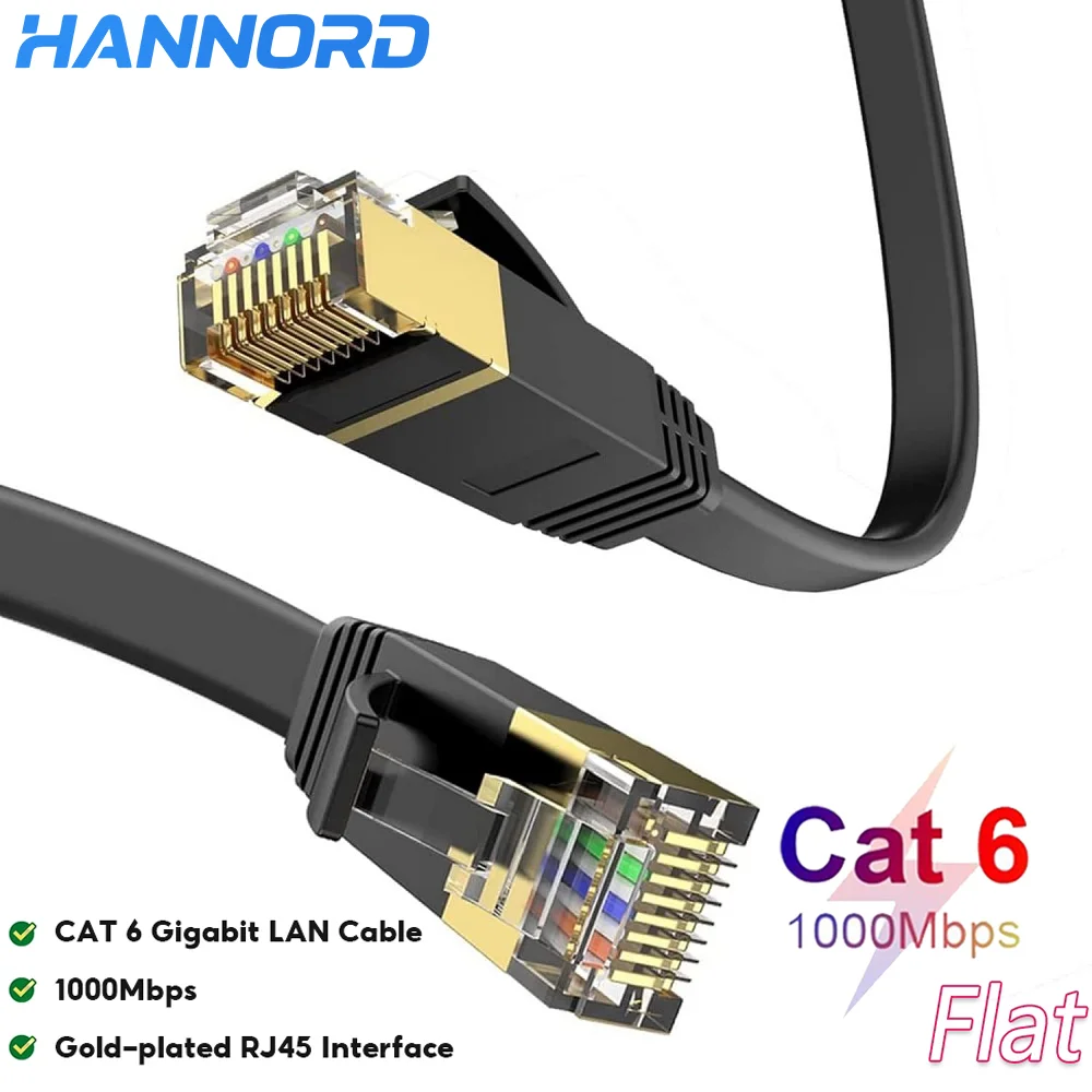 Hannord Cat 6 Ethernet-Kabel, flach, 1000 Mbit/s, LAN-Netzwerk-Patchkabel, vergoldetes RJ45-Netzwerkkabel für Router, Modem, Laptop Image