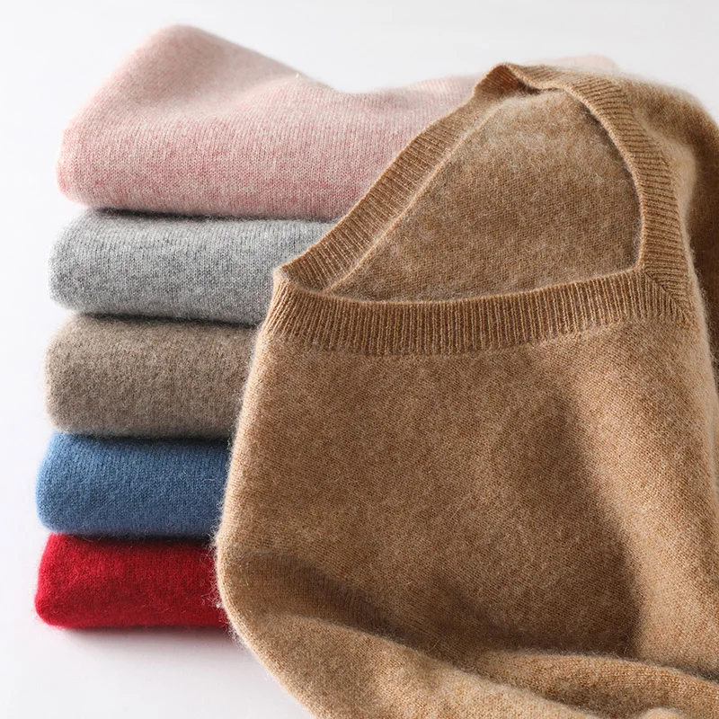 Women's Sweater V-Neck Long Sleeve 100% Pure Cashmere Fall Winter Warm Soft Knit Pullover New Knitted Tops Women's Clothing 2025