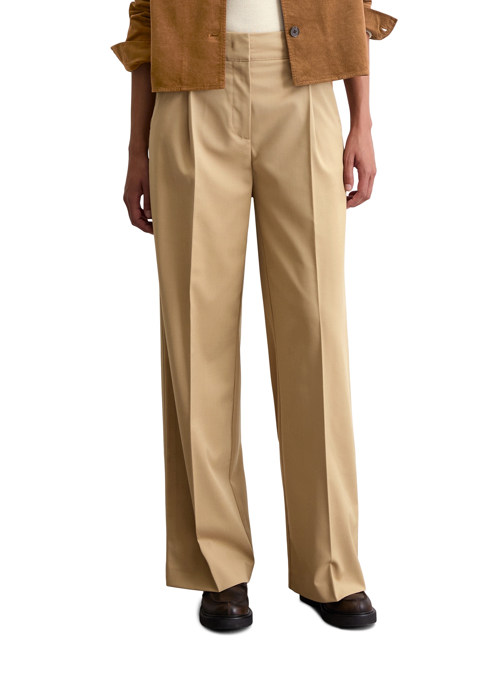 Chinohose MARC O'POLO "aus Wolle-Mix-Twill", Damen, Gr. 44, Normalgrößen, beige (salted caramel), Twill, Obermaterial: 59% Polyester, 21% Viskose, 18% Schurwolle, 2% Elasthan, unifarben, weit normal, Hosen Chinohose