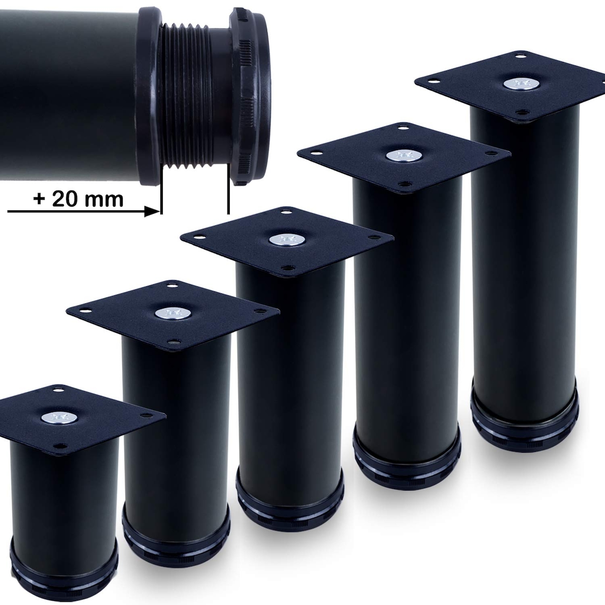 ID Dinkel Möbelfuße verstellbar 50mm Sofafuß Küchenfuß Sockelfüße Bettfüße Bein Schwarz MATT 300 mm Image