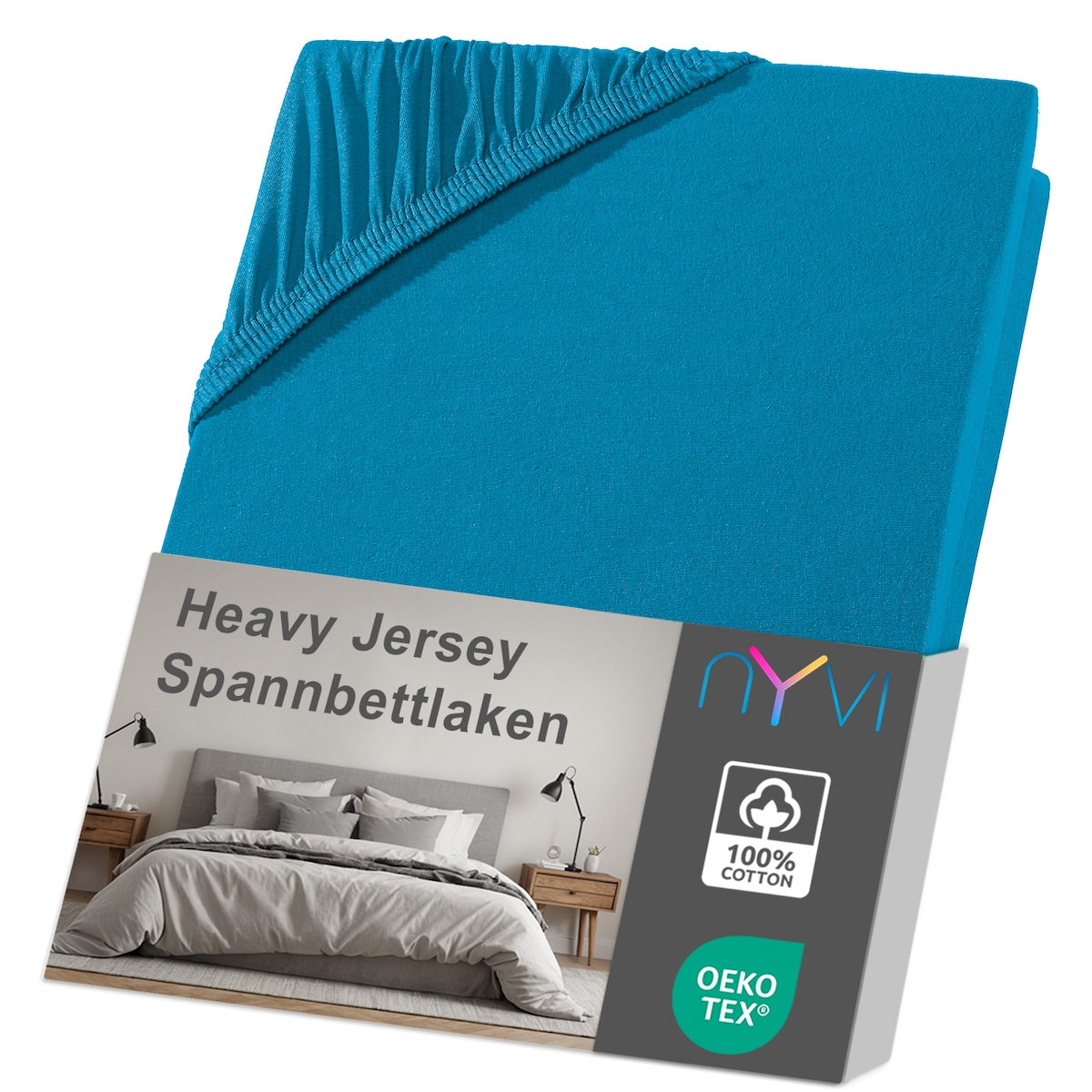 NYVI Spannbettlaken DreamScience Heavy Jersey - Spannbetttuch, Formstabil, 160g/m², Rundum-Gummizug, Bügelfrei 180 - 200x200 + 15 cm Split Topper petrol Image