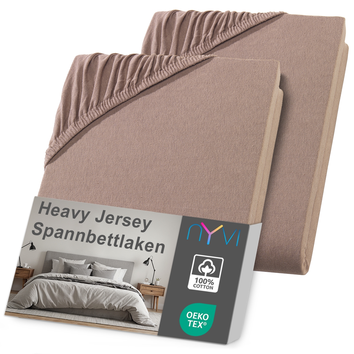 NYVI Spannbettlaken DreamScience Heavy Jersey - Spannbetttuch, Formstabil, 160g/m², Rundum-Gummizug, Bügelfrei 140x200 - 160x200 cm (2er Pack) nougat Image