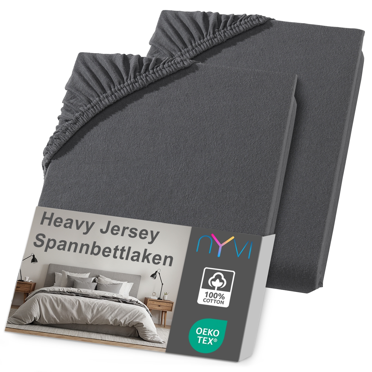 NYVI Spannbettlaken DreamScience Heavy Jersey - Spannbetttuch, Formstabil, 160g/m², Rundum-Gummizug, Bügelfrei 90x200 - 100x200 cm (2er Pack) anthrazit Image
