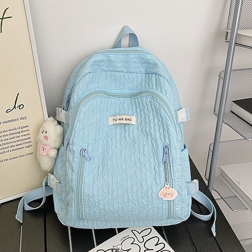 Zaino scolastico da donna in tessuto verde chiaro con portachiavi a forma di simpatico orsetto, zaino leggero e di grande capacità per ragazze adolescenti, università e uso quotidiano casual