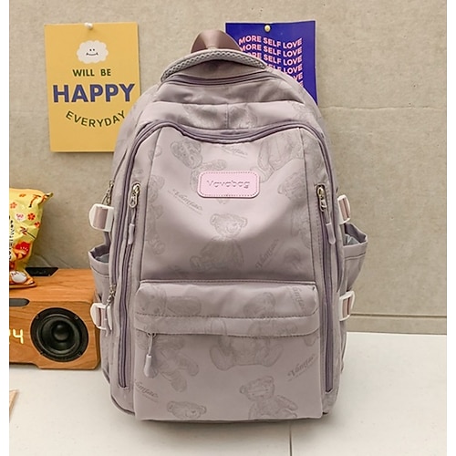 Zaino scolastico stampato beige da donna con grazioso portachiavi in peluche, zaino leggero e di grande capacità per ragazze adolescenti, college e uso quotidiano casual, disponibile in due misure