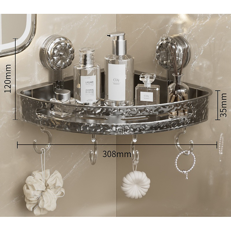 Light Luxury Style Punch-Free Storage Rack Suction Cup Corner Shelf Bathroom Triangle Organizer Wall Mounted No Drilling Washstand Rack for Toiletries and Essentials