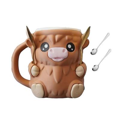 Highland Cow Ice Cream Pint Holder Reusable Popsicle Containers with Antifreeze Handle and Two Spoons Leak Proof Popsicle Cozy Cup for Highland Lover Gifts