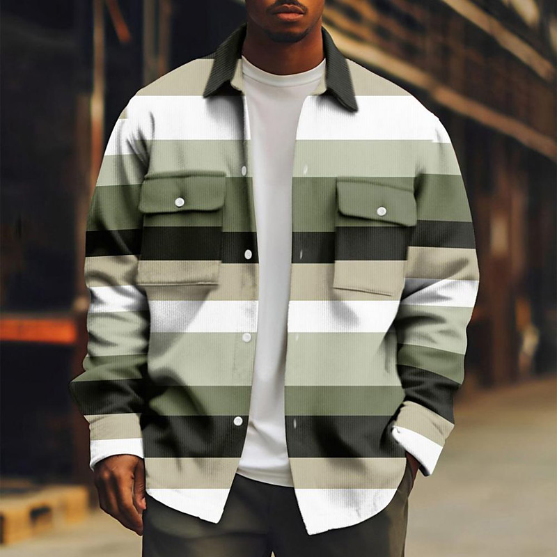 Men's Horizontal Stripes Corduroy Shirt Shacket Shirt Jacket Long Sleeve Casual Outdoor Dailywear Fall Winter Turndown Button-Down Warm Jacket with Flap Pockets Light Green Pink Blue Sky Blue Purple