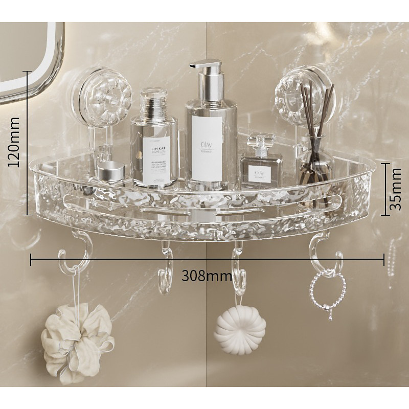 Light Luxury Style Punch-Free Storage Rack Suction Cup Corner Shelf Bathroom Triangle Organizer Wall Mounted No Drilling Washstand Rack for Toiletries and Essentials