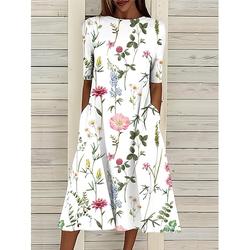 Damen Floral Midi Kleid A Linie Freizeit Sommer Strand Kleid Kurzarm Rundhals T-Shirt Urlaub Regelmäßige Passform Grafik T-Shirt Kleid Blau Grün Dunkelblau