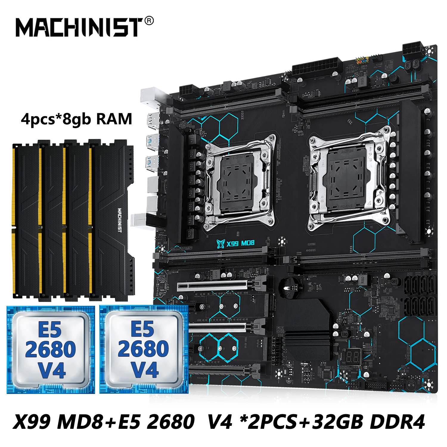 MACHINIST X99 MD8 Dual CPU Motherboard Kit Set Optional Intel Xeon E5 2680 V4 LGA2011-3 DDR4 32 GB RAM C612 Chip Server Computer Image
