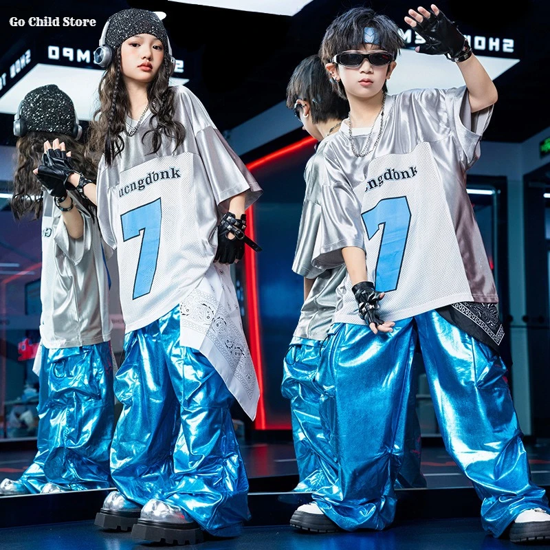 Mädchen K-pop Glänzendes T-shirt Street Dance Blau Cargo Hosen Jungen Hip Hop Kleidung Sets Kinder Hip Hop Jazz kostüme Kinder Streetwear