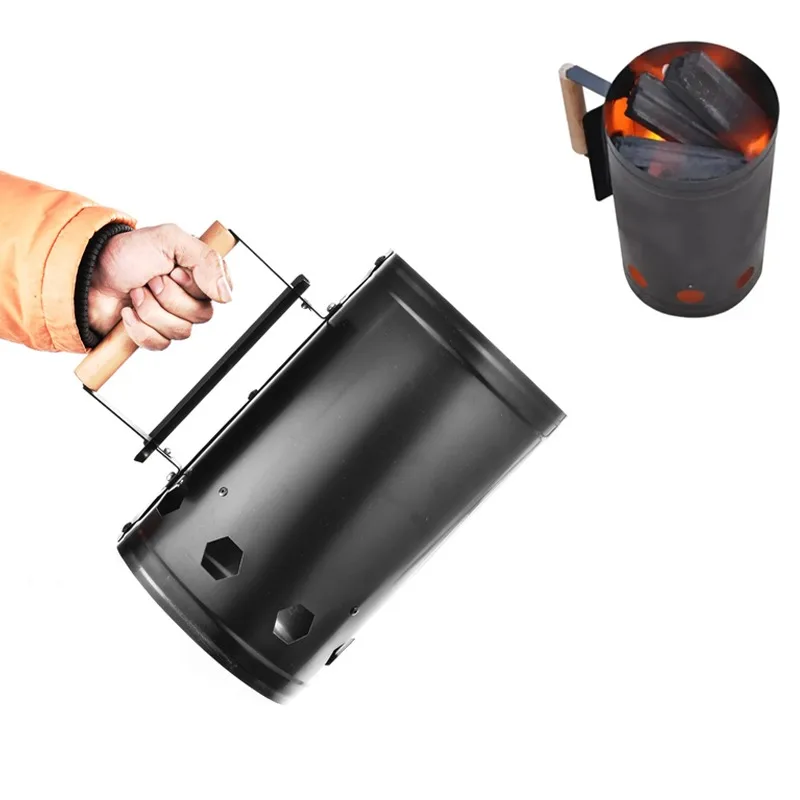Outdoor-Picknick-Zündemmer aus Edelstahl mit Holzkohle und Griff, geeignet zum Grillen im Freien, notwendig für den Tourismus Image