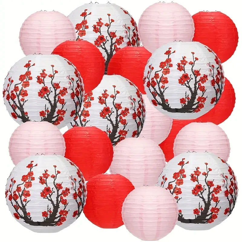 20-teiliges Sakura- und rote Papierlaternen-Set – elegante japanische und chinesische Dekoration für Hochzeiten, Geburtstage, Valentinstag – inklusive 6 leuchtend roten Laternen, Image