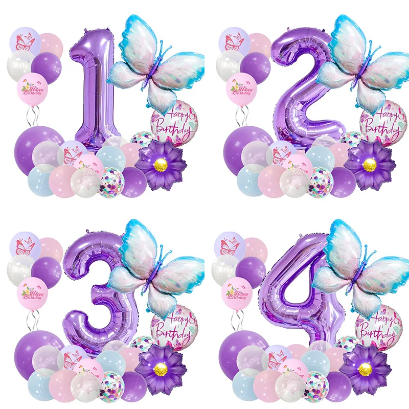 Lila Schmetterling Ballon Set Geburtstag Party Säule Digital Latex Ballon Junge Mädchen Erwachsene Frau Mann Party Dekorationen Abschlussfeier Image