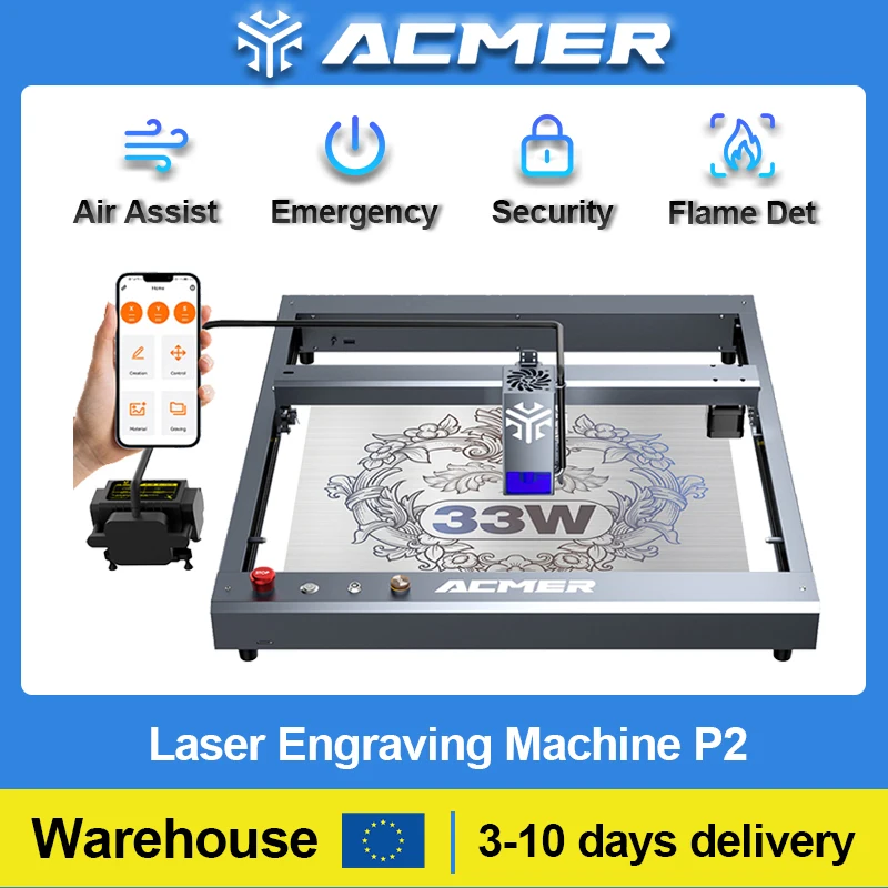 ACMER P2 33W 20W 10W Lasergravierer-Schnittmaschine mit Luftunterstützung, Kindersicherung, industrielle Schienenschnitzerei, Holz, Leder, lackiertes Metall Image