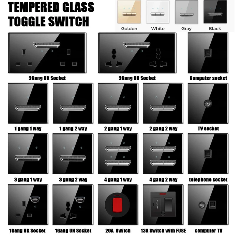 Schaltersteckdose aus gehärtetem Glas nach europäischem britischem französischem Standard mit Kontrollleuchte, selbstrückstellende 1 2 3 4-Gang-Wandpaneel-Steckdosen Image