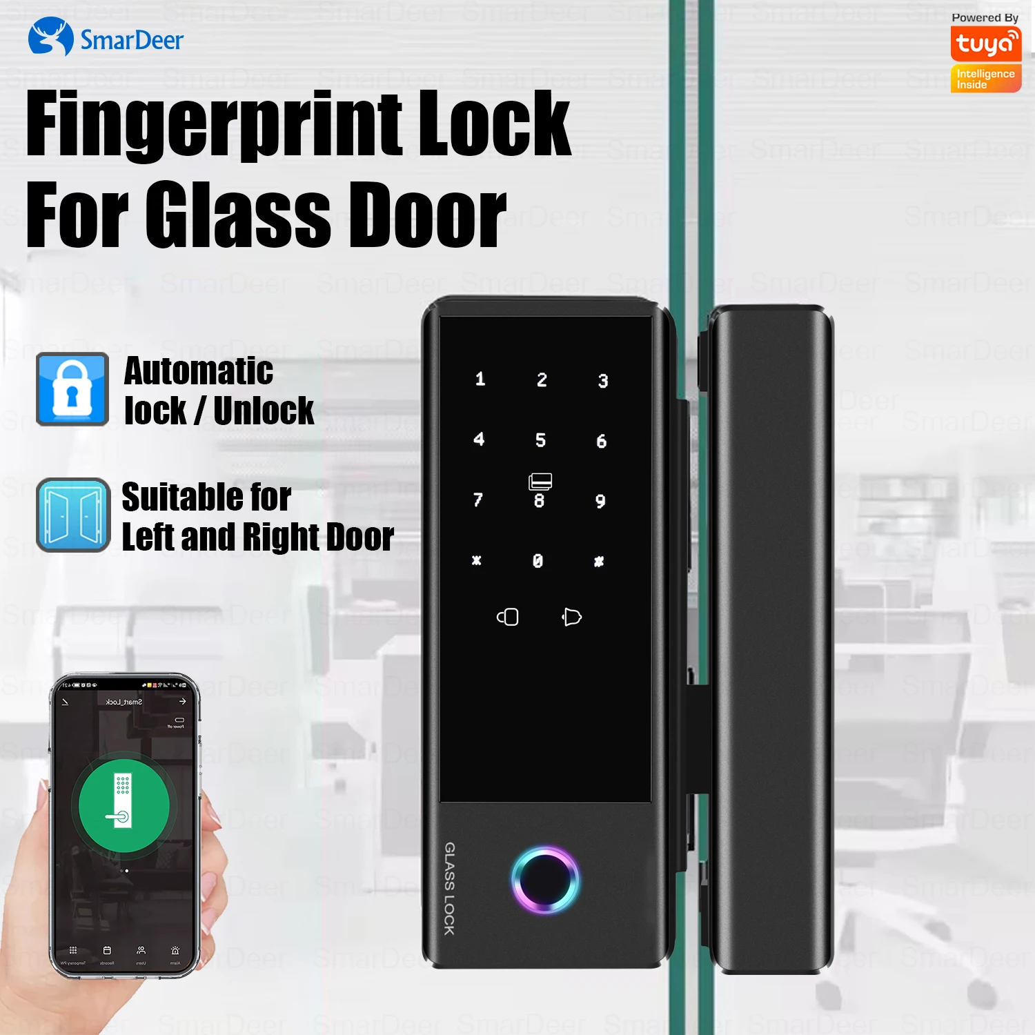 SmarDeer Smart Lock mit Glasschiebetür, Fingerabdruckschloss für Tuya Smart Home, Aluminium-Glastür, elektronisches Schloss Image