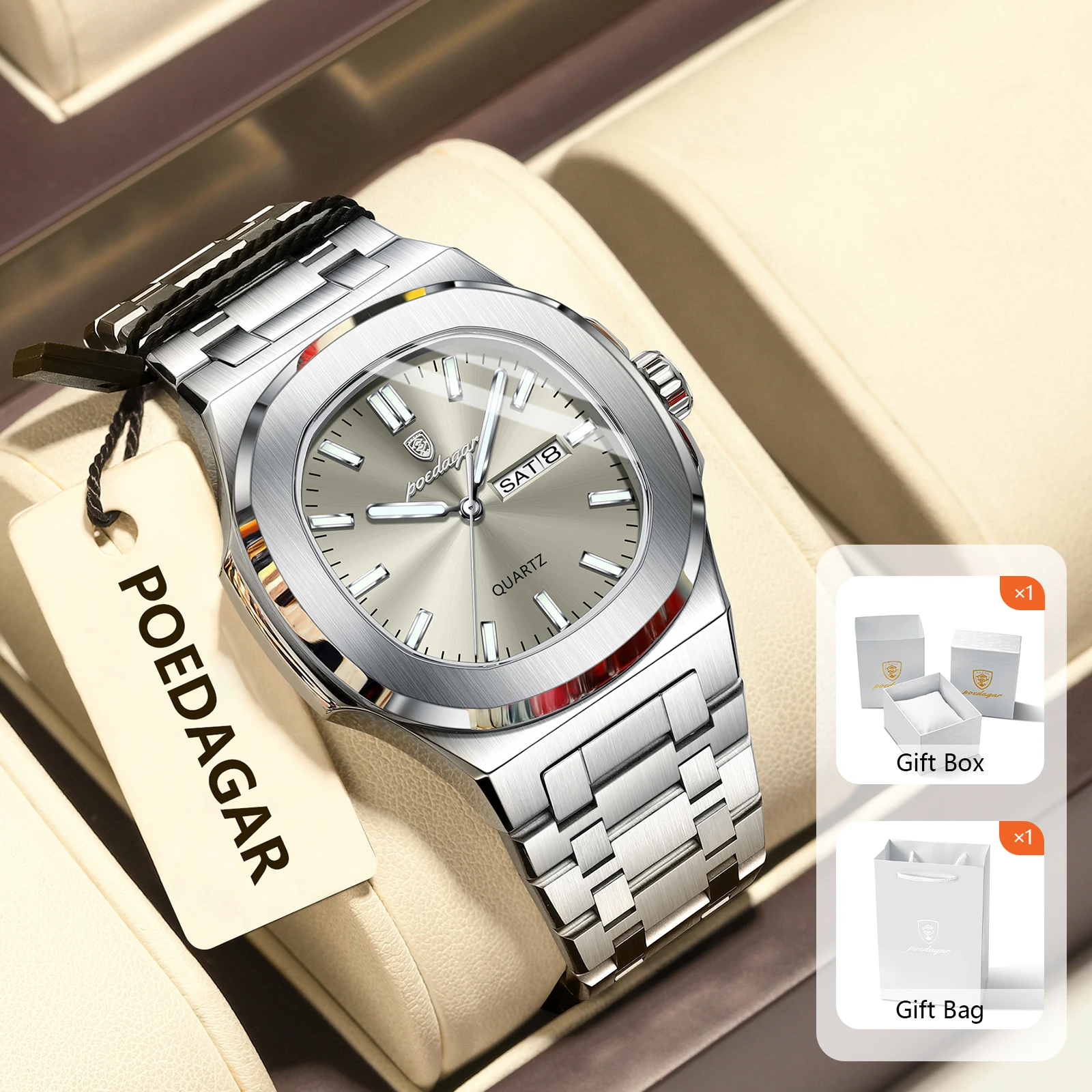 POEDAGAR Top Herrenuhren, wasserdicht, leuchtend, Datum, Woche, Herren-Armbanduhr, Edelstahl, Quarz, modische Herrenuhr mit Geschenkbox Image