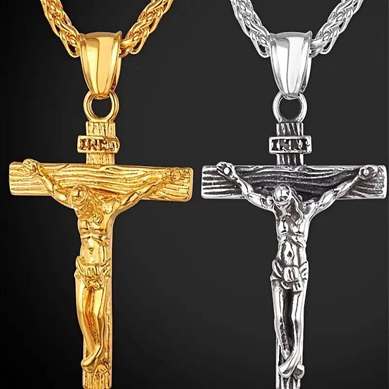 Crucifix Necklace for Men, Vintage Jesus Cross Pendant, Stainless Steel Hip Hop Chain, Religious Fashion Jewelry for Streetwear Daily Wear