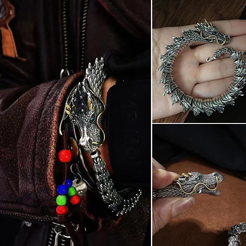 Silver Handmade Dragon Chain Bracelet Vintage Bold Dragon Bone Design for Men Trendy Cool Masculine Bracelet Elegant High-End Feel Fashion Accessory