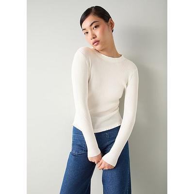 Emilia Ivory Ribbed Stretch Knit Top With Woven Trim, Ecru