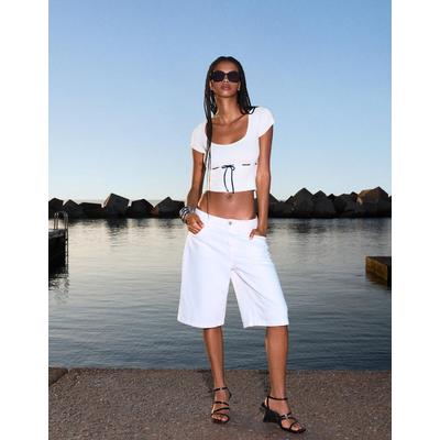 Bershka Short Sleeve Cable-Knit Sweater With Tie Women M White