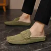 Neue Premium-Hausschuhe aus echtem Leder, runder Kopf, halber DragMen, täglicher Pendelverkehr, weiche Sohle, Freizeit, atmungsaktiv, zum Fahren, große Schuhe