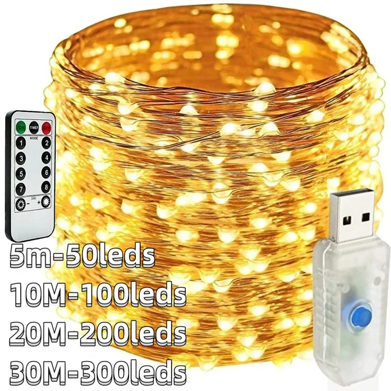 5 M-30 M USB-Lichterkette, 8 Modi, Lichterkette, Kupferdraht, LED-Lichterkette für Weihnachten, Hochzeit, Neujahr, Girlande, Dekoration