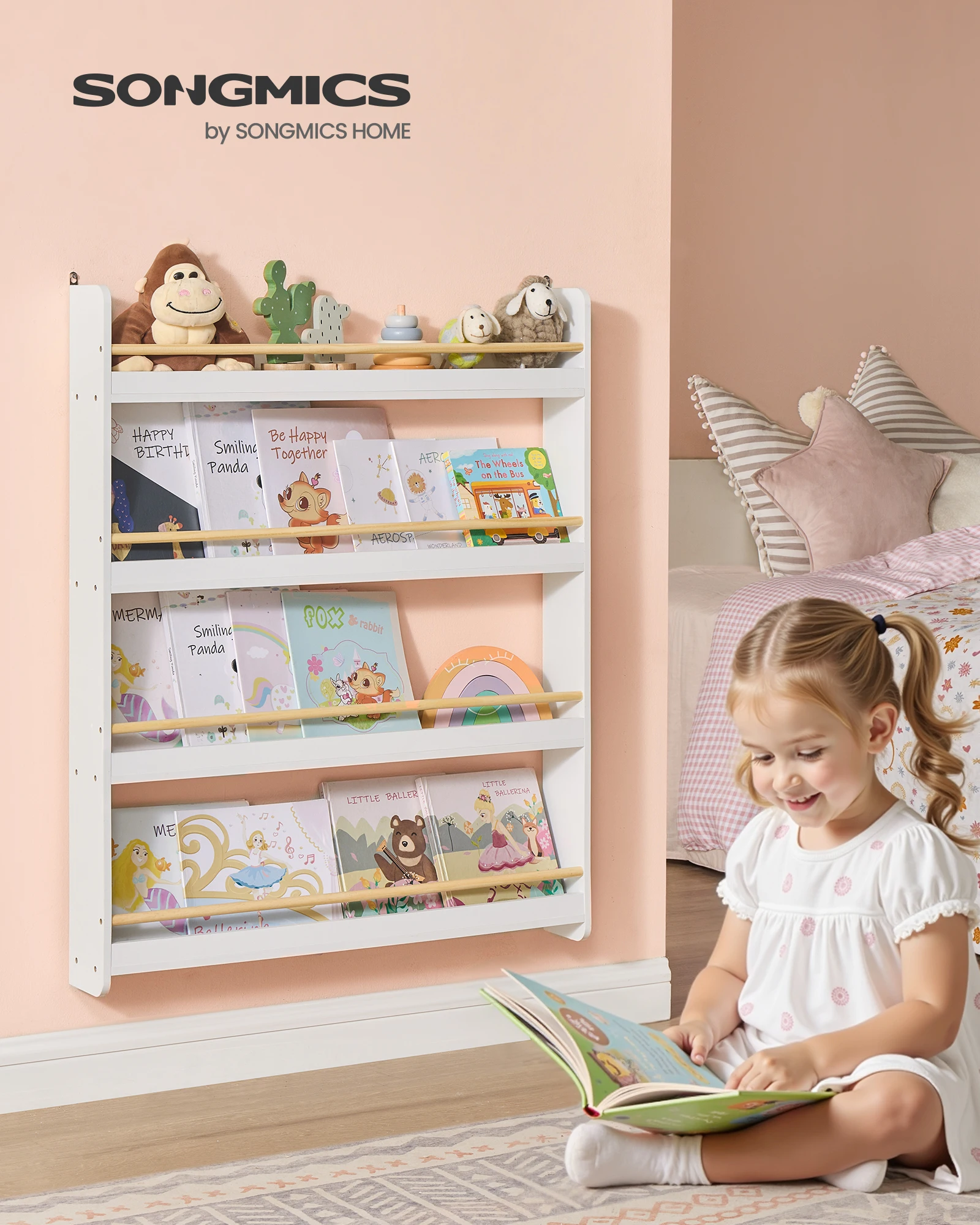 SONGMICS Bücherregal Kinder, Kinderregal mit 4 Ebenen, Spielzeugregal, Wandregal, für Kinderzimmer, Spielzimmer