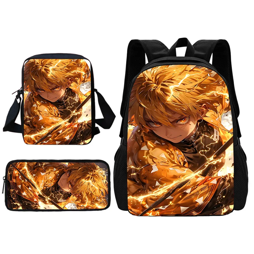 Ensemble de 3 pièces de sac à dos d'école pour enfants avec Demon Slayer Agatsuma Zenitsu, sac à bandoulière, sacs à crayons, sacs d'école pour garçons et filles, meilleur cadeau