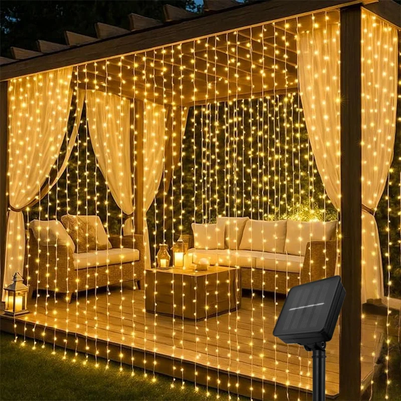 Solar Curtain Light Outdoor Waterproof Solar Fairy Garland String Lights Garden Yard Pavilion Wedding Party Holiday Decor Lights