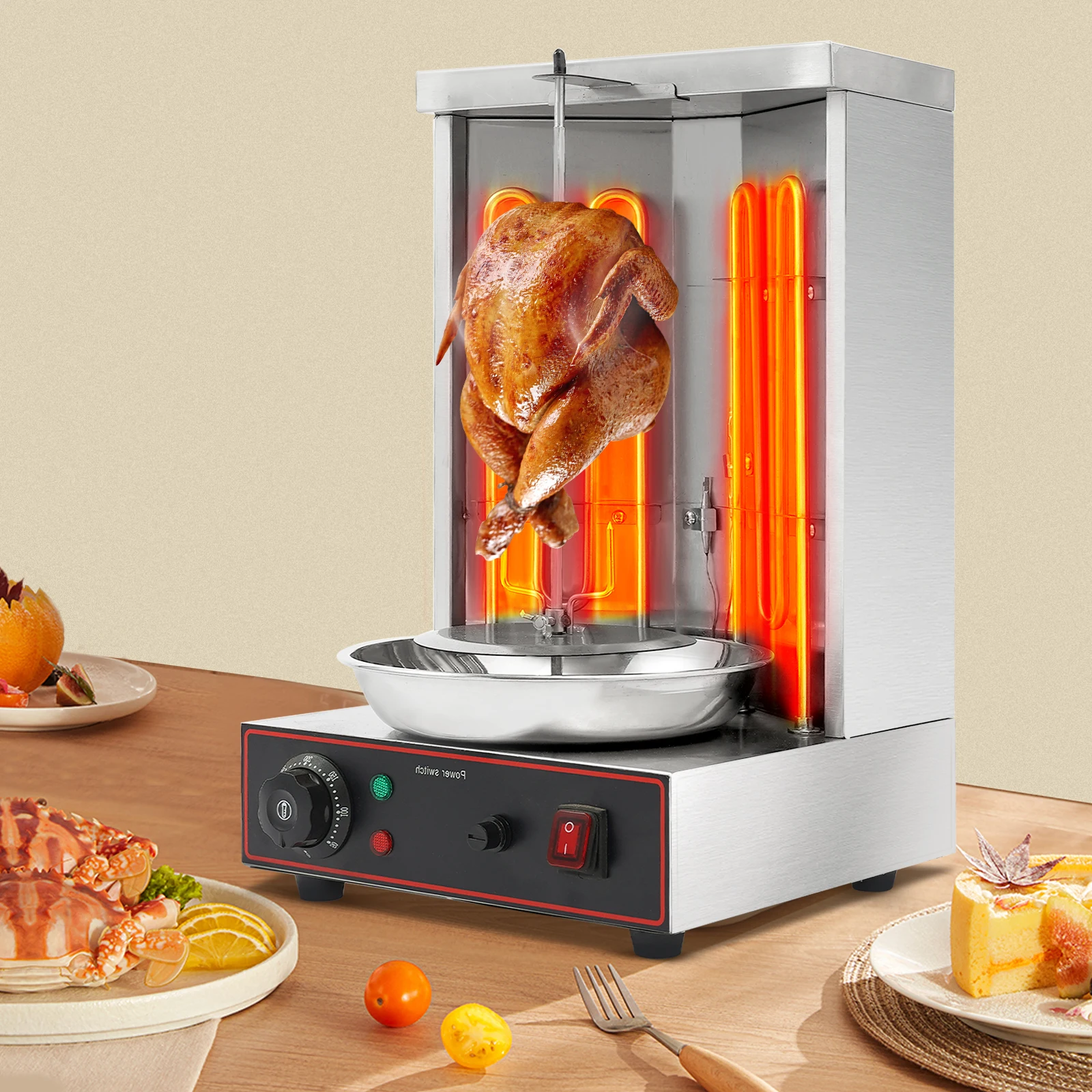 3000 W elektrische Shawarma-Grillmaschine aus Edelstahl, 2 Heizrohre, 360 ° Automatisches rotierendes Design Image