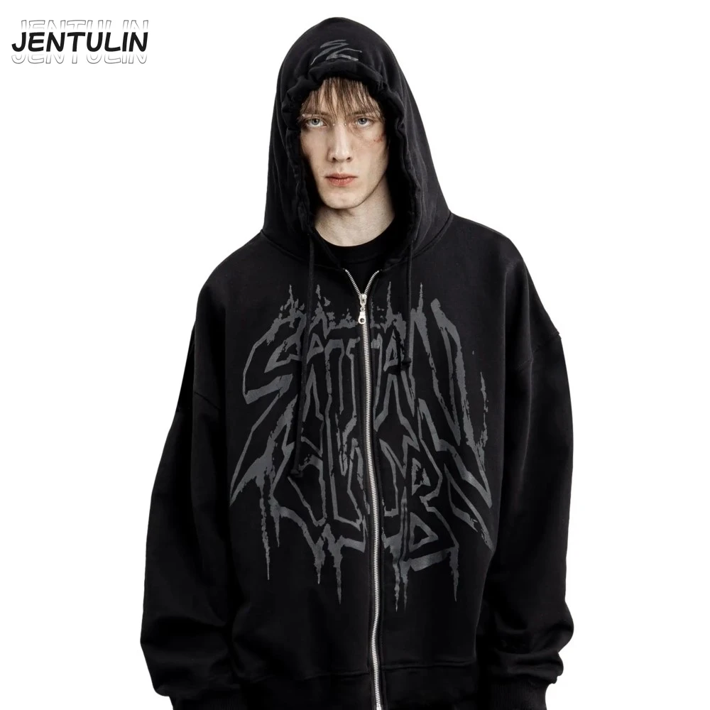 Y2K Retro Hoodie Herren Satan Club Print STNCLB Zip Pullover Sweatshirts High Street Hip Hop Streetwear Übergroße Kleidung Jacke